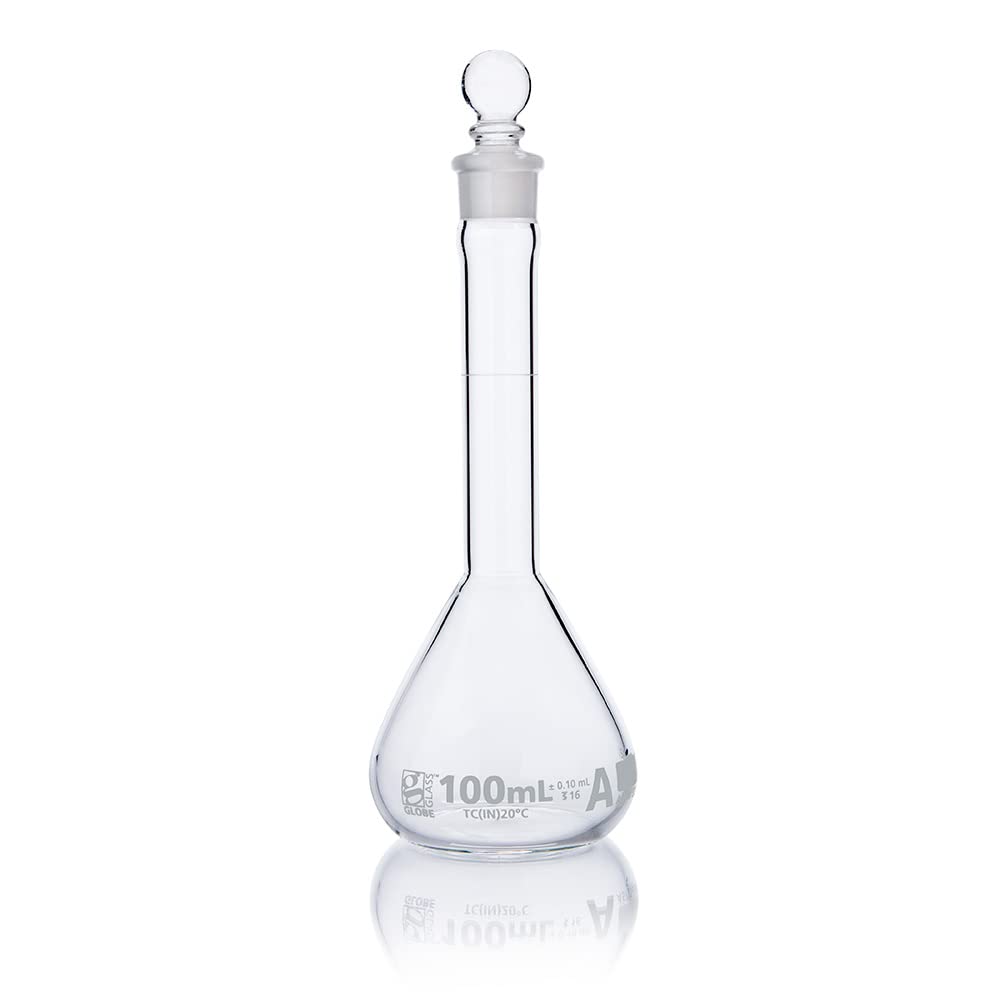 Volumetric Flask, Wide Mouth, Globe Glass, 100mL, Class A, to Contain (TC), 3.3 Borosilicate Glass, ASTM E288, 6/Box