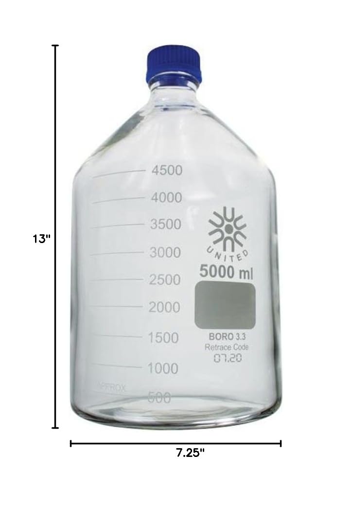 United Scientific ™ 5000mL (5L) Laboratory Grade Round Media Storage Bottles with GL45 Screw Cap, 3.3 Borosilicate Glass