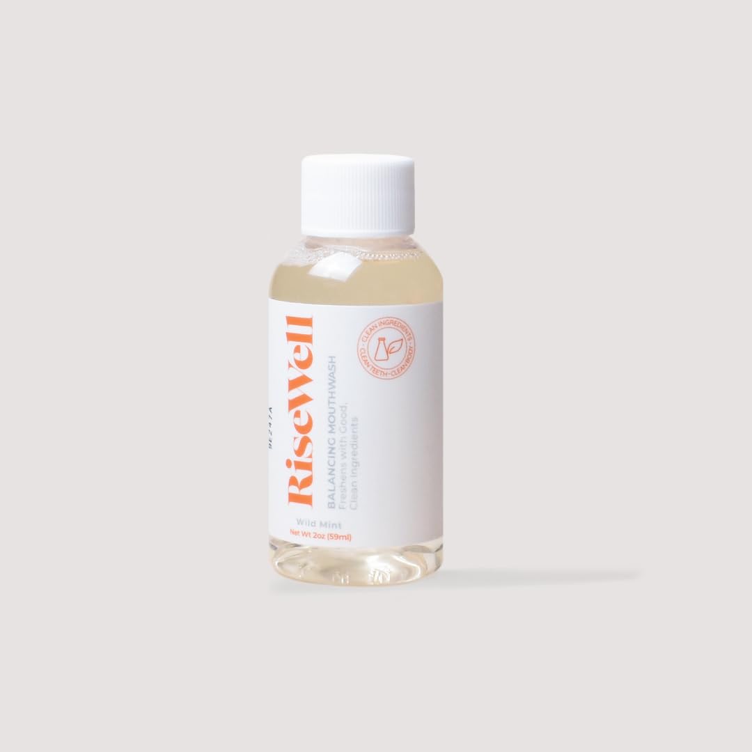RiseWell Balancing Travel Size Mouthwash - pH Balanced Natural Mouthwash On The Go - Dentist Developed Dry Mouth Rinse - No Added Fluoride, Alcohol Free and SLS-Free Breath Freshener - Wild Mint, 2oz