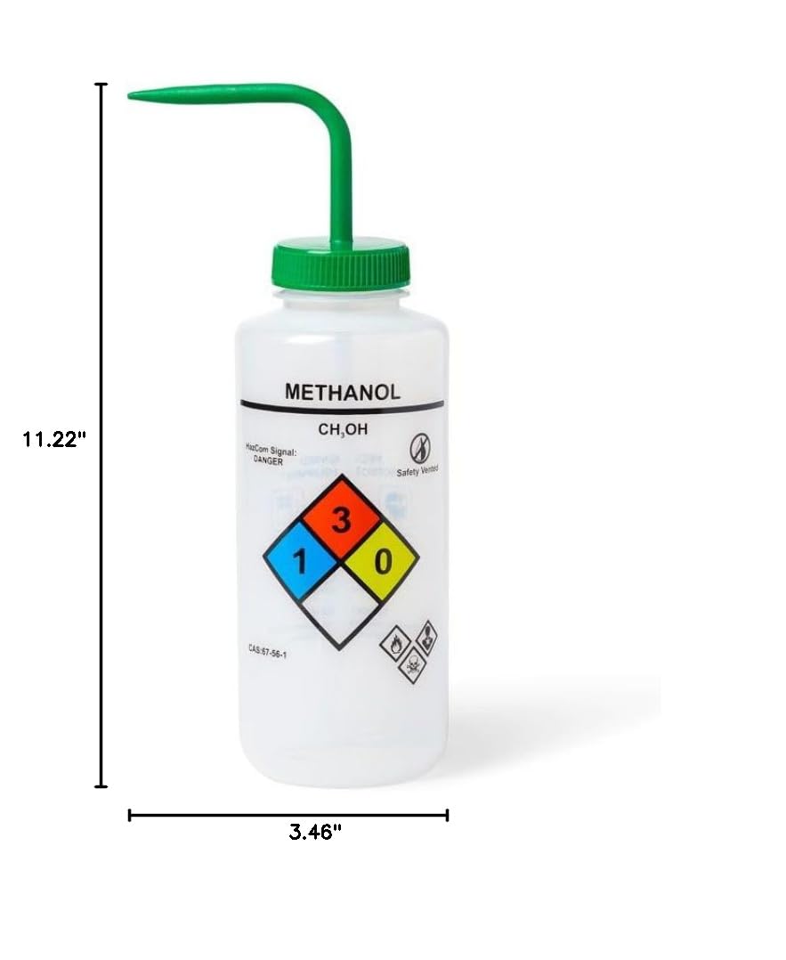 United Scientific™ UniSafe™ Methanol Vented Wash Bottle, 1000 mL, Designed for use in the Laboratory, Classroom, or Home, Pack of 4, LDPE