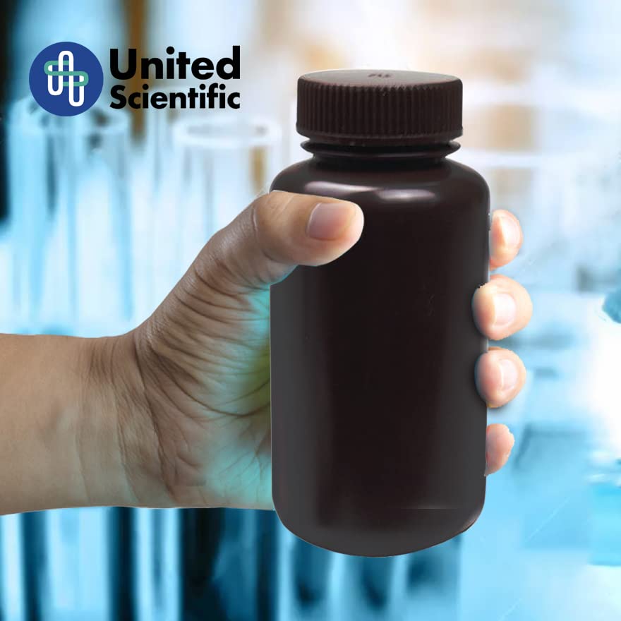 United Scientific® - Sample Containers with Lids - Amber HDPE Wide Mouth Reagent Bottle - Chemical Container - 1 oz Bottles (30mL) Multi-Purpose Plastic Bottles with Lids, Pack of 72