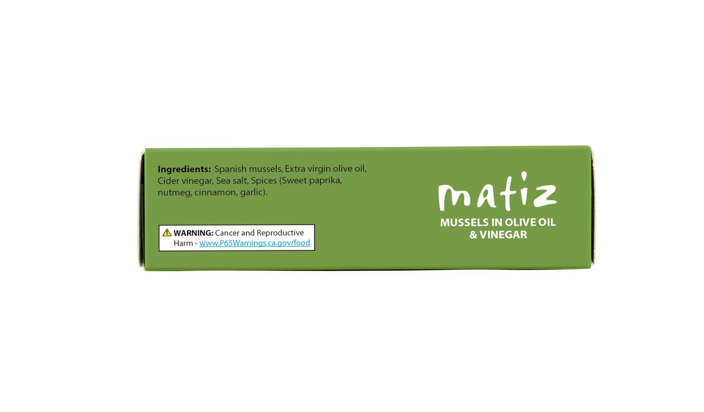 Matiz España Mussels in Extra Virgin Olive Oil & Apple Cider Vinegar | 3.92 oz. - 12 Pack | Handcrafted in Galicia, Spain | Sustainably Cultivated Mussels with Spices |