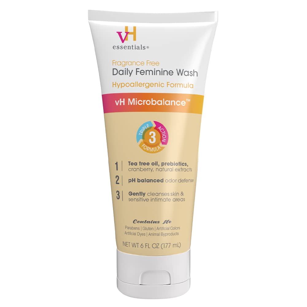 vH Essentials Daily Feminine Wash - 6 Fl Oz - Fragrance-Free, Odor Eliminating Body & Vaginal Wash with Tea Tree Oil, Prebiotics and Lactic Acid for pH Balance, Odor Defense and Vaginal Health