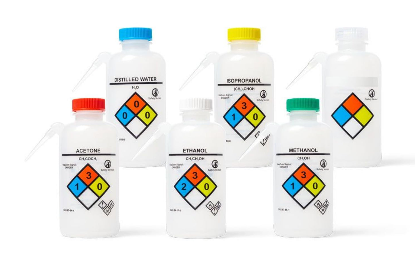 United Scientific™ UniSafe™ Leakproof Printed Ethanol Wash Bottles, Unitary, LDPE, 500 mL | Pack of 6