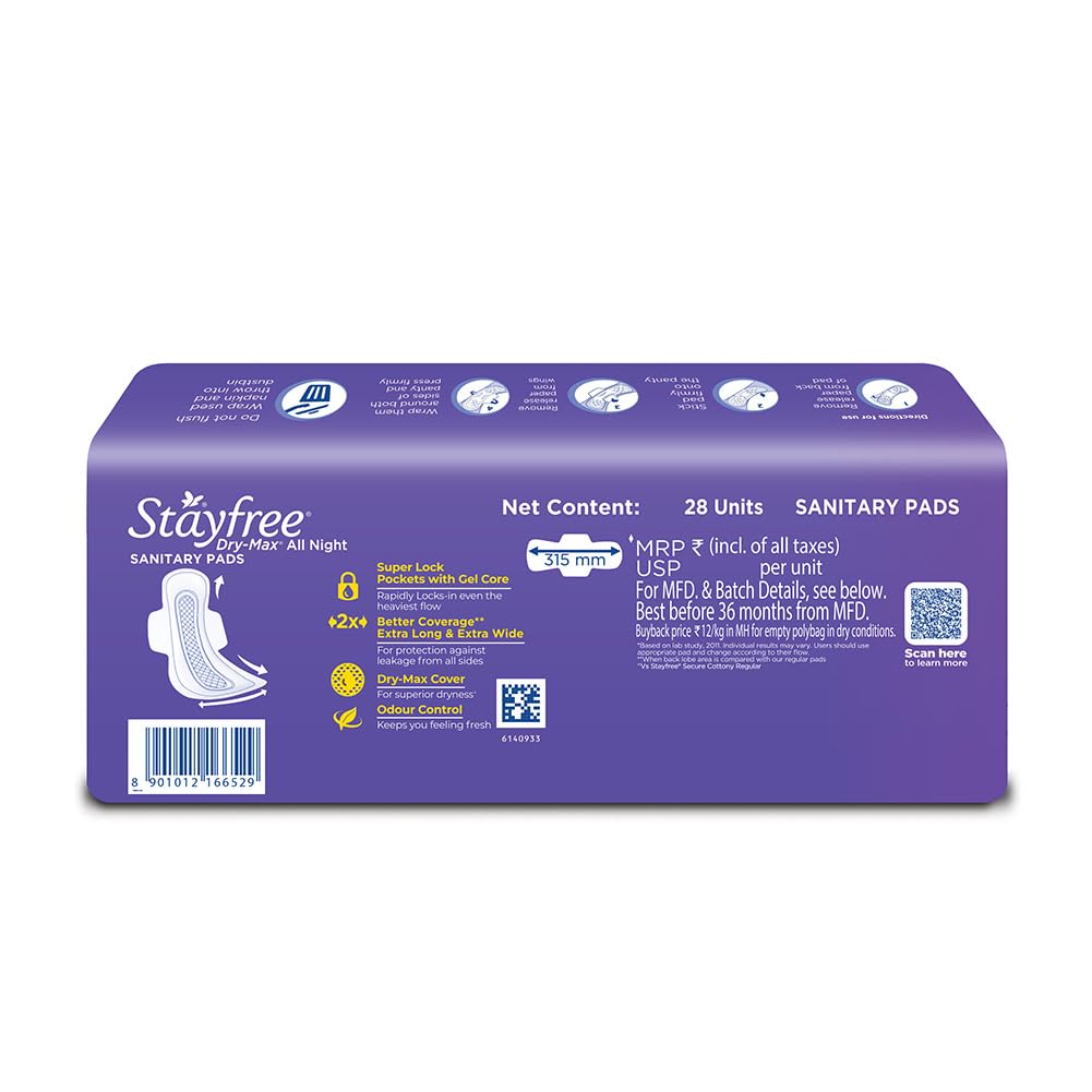 Stayfree Dry Max All Night XL Dry Cover Sanitary Pads For Women With Wings, 28 Pads