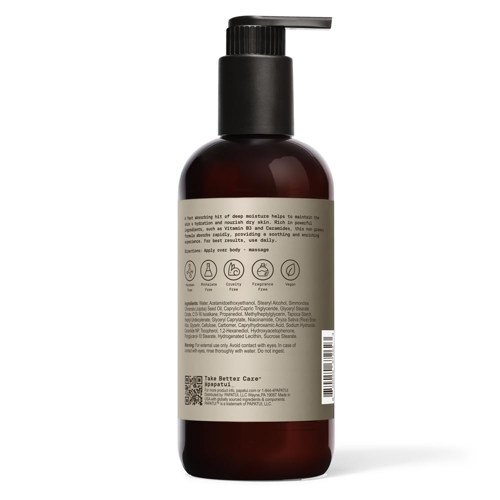 PAPATUI by Dwayne Johnson Men's Body Lotion | Unscented | Fast Absorbing | Lightweight Daily Moisture | 24-Hour Hydration | with Vitamin B3 and Ceramides | 11.5 fl oz