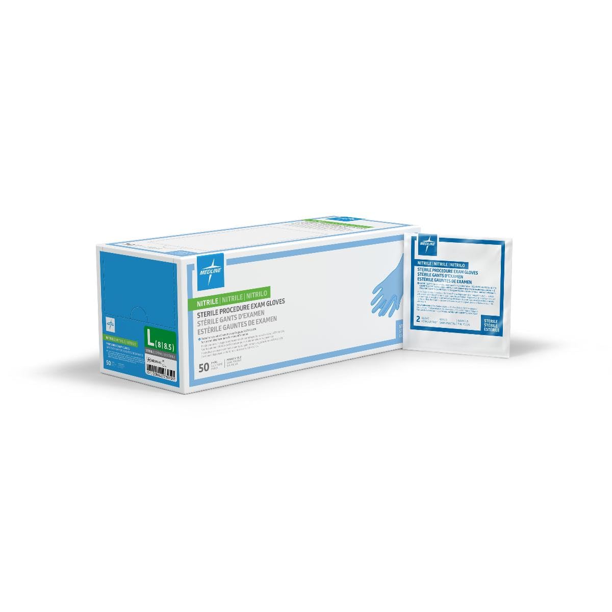Medline Extended Cuff Exam Gloves, Nitrile, Powder-Free, Sterile, Size L