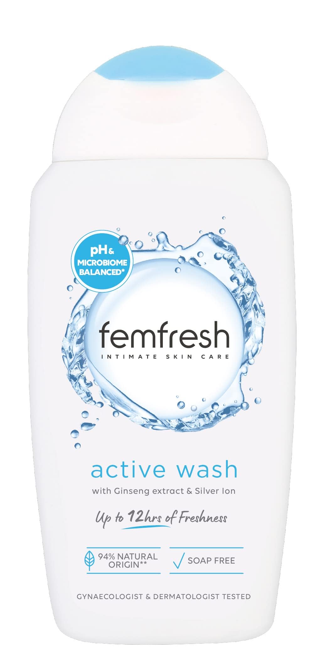Femfresh Ultimate Care Active Vaginal Wash - Intimate Feminine Hygiene Shower & Bath Gel Cleanser - pH Balanced, Soap Free, Fragrance Free Gel Formula with 12-hour Sweat Protection - 250ml