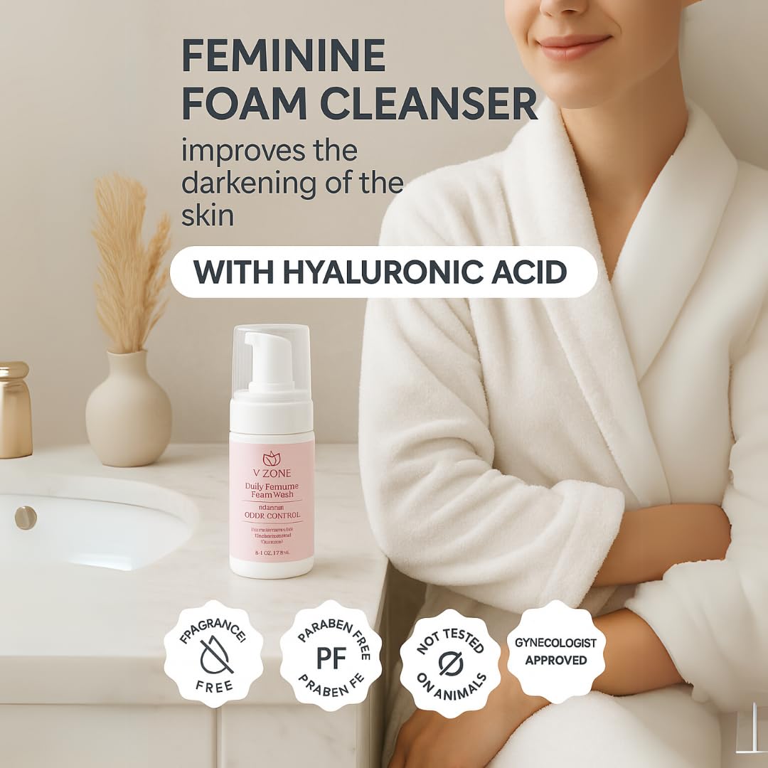 VZone Daily Feminine Foam Wash – Feminine Wash for Women with Hyaluronic Acid, Lactic Acid and Cranberry Extract – Odor Control, pH Balanced, Fragrance-Free, Paraben-Free, Vegan (3.4 OZ)
