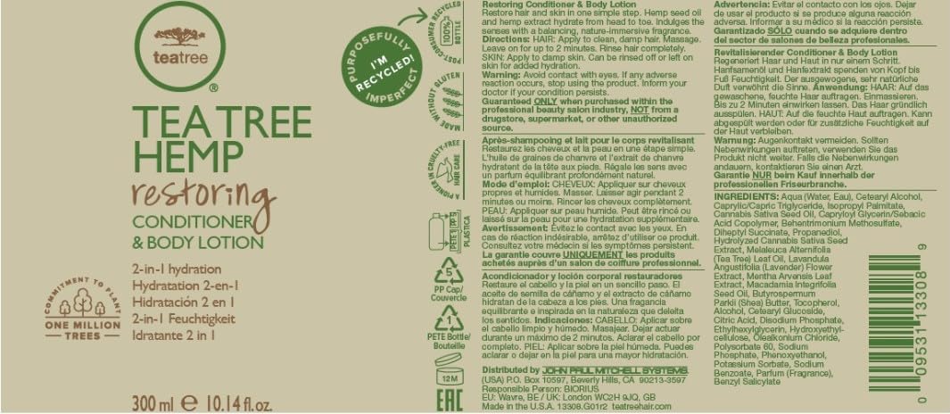Tea Tree Hemp Restoring Conditioner & Body Lotion, 2-in-1 Hydration, For All Hair Types