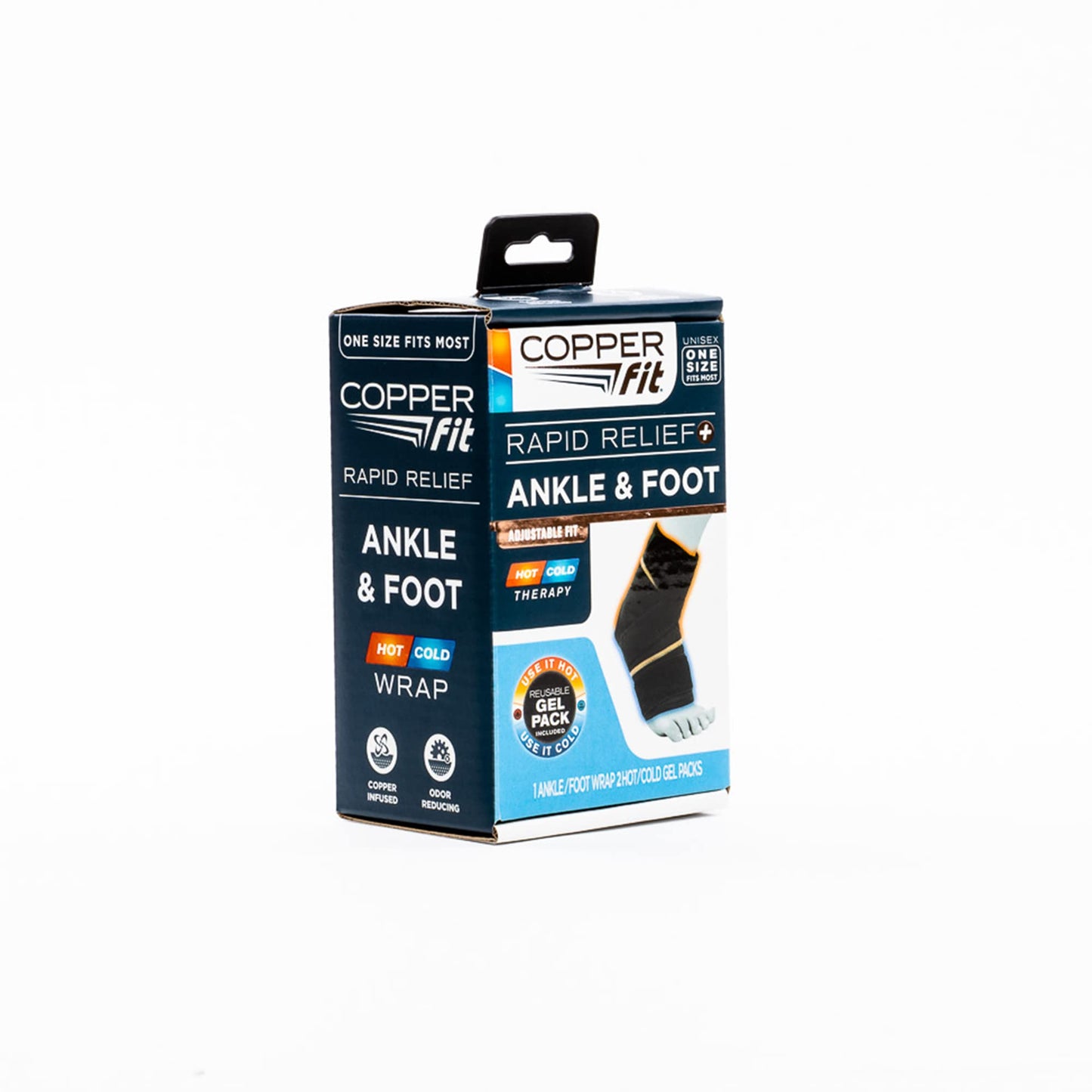 Copper Fit unisex adult Rapid Relief & Hot/Cold Ankle Foot Wrap with Hot Cold Pack, Black, One Size Fits Most US