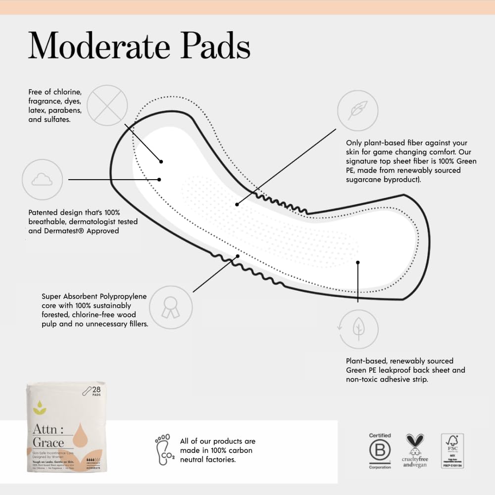 Attn: Grace Moderate and Heavy Incontinence Pads for Women (28 Pads Per Pack/56 Total) - High Absorbency Sensitive Skin Protection for Bladder Leakage or Postpartum/Discreet, Breathable, & Plant-Based