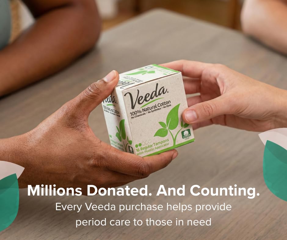 Veeda 100% Natural Cotton Tampons - Super Absorbency with Leak Proof Protection - Compact BPA-Free Applicator - Unscented & Free from Chlorine, Toxin - 384 Count