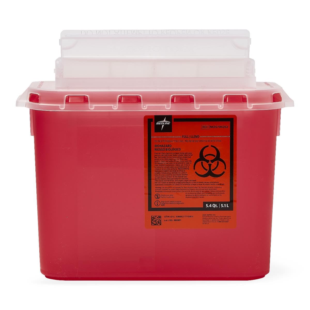 Patient Room Sharps Container with Counter-Balance Lid, Red, 5.4 qt.,1,Each,MDS705253H