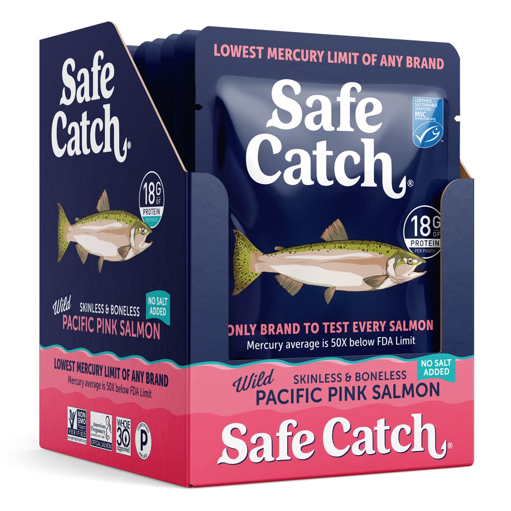 Safe Catch Skinless and Boneless Wild Pacific Pink Salmon Pouch, No Salt Added, Mercury Tested, Kosher, 3oz Pouches, Pack of 12