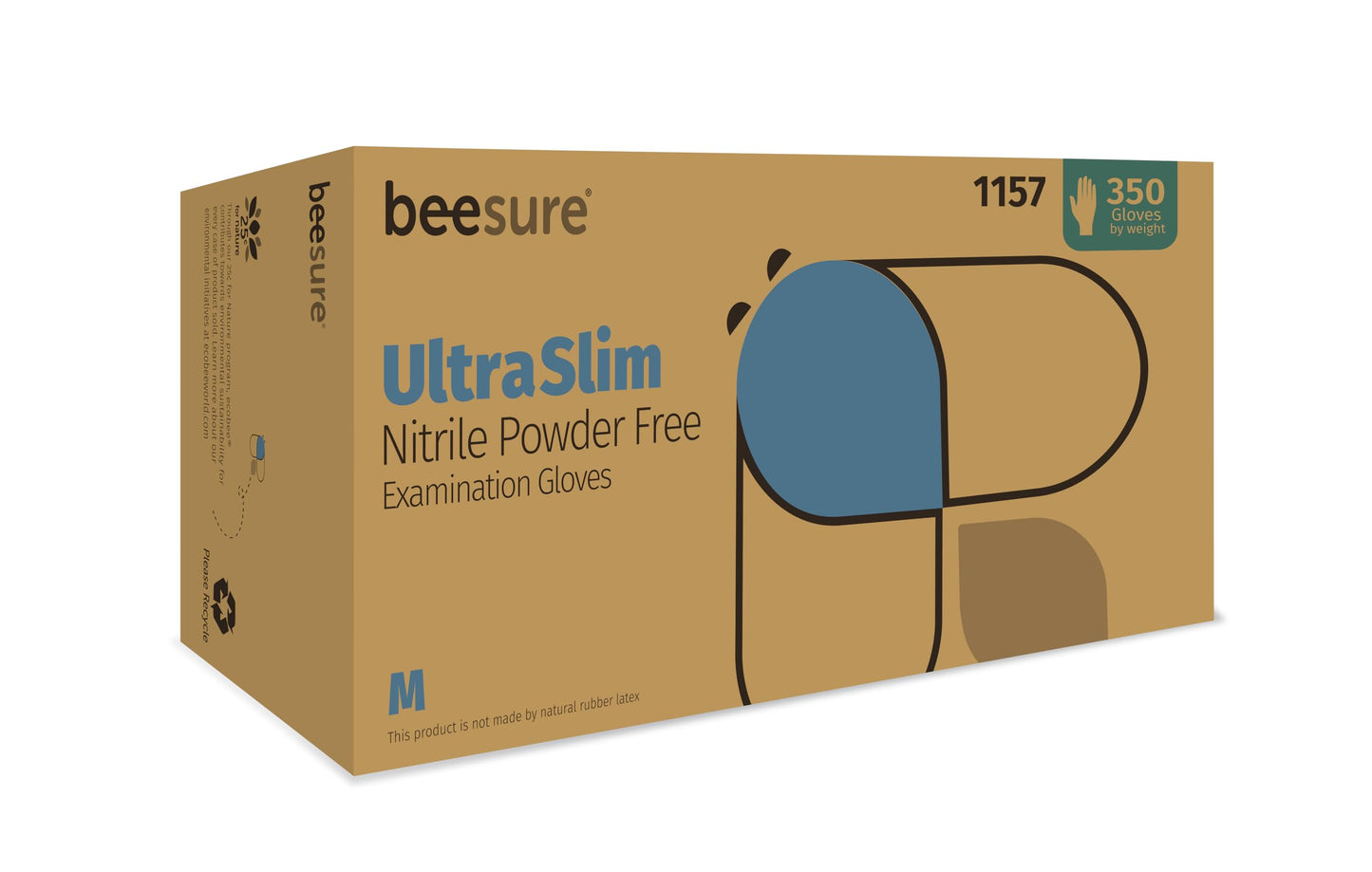 BeeSure UltraSlim Blue Nitrile Powder-Free Exam Gloves, Pack of 350, Medium, 2.0 Mil