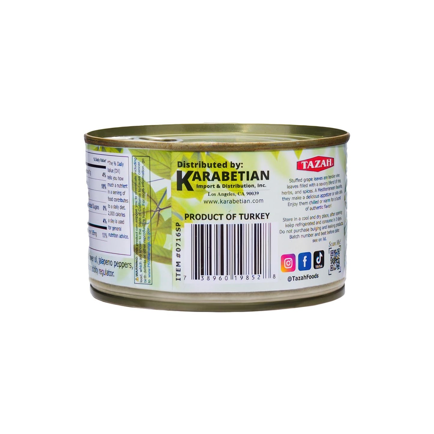 TAZAH Stuffed Vine Leaves with Jalapeno (Spicy Dolmas), Vegetarian Rice & Herb Stuffed Grape Leaves, Ready to Eat, Easy-Open Can, 14.1 oz (400 g)