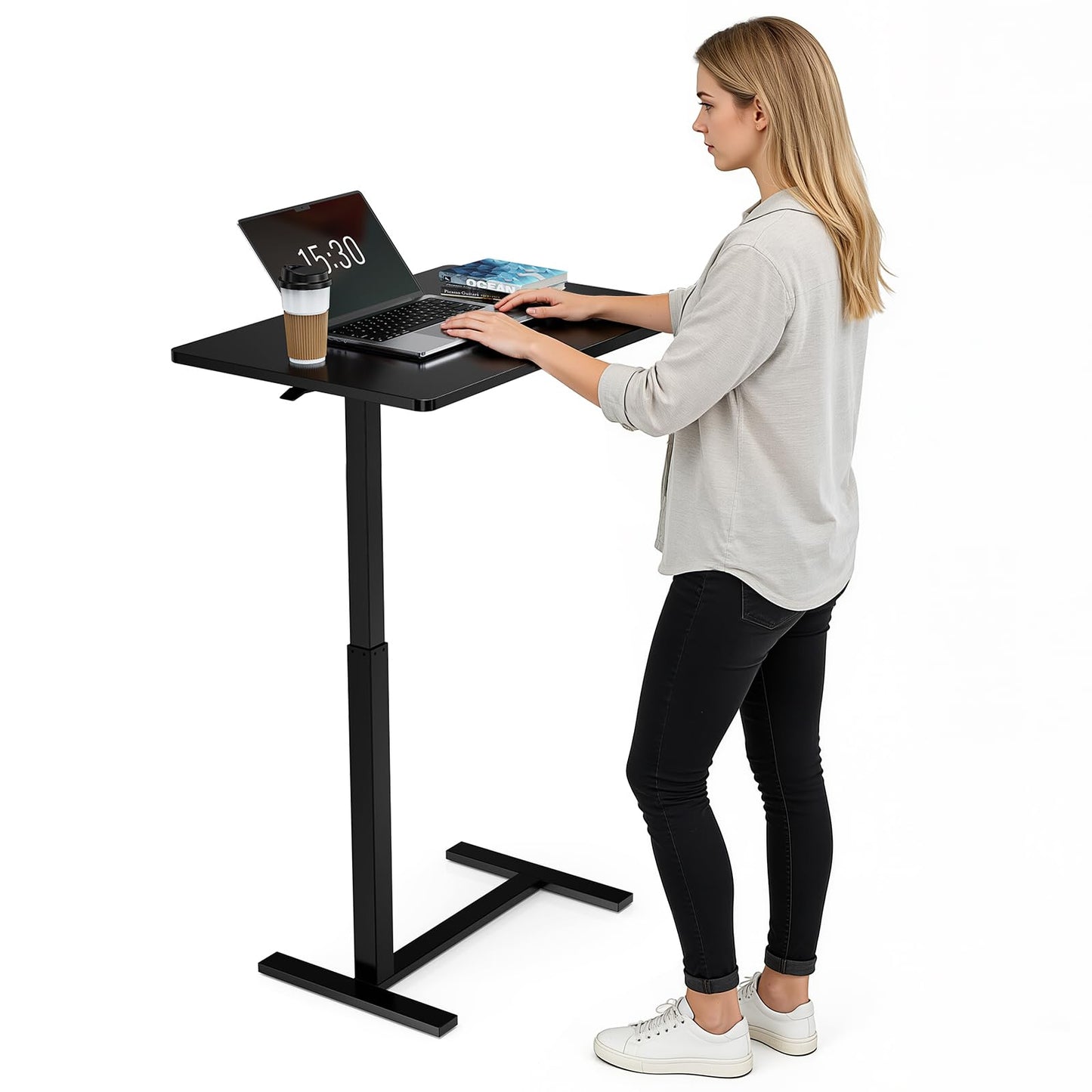 Overbed Bedside Table with Hidden Casters, Adjustable Pneumatic Mobile Laptop Computer Standing Desk, Rolling Laptop Table, Movable Overbed Table Hospital Home Use, Black