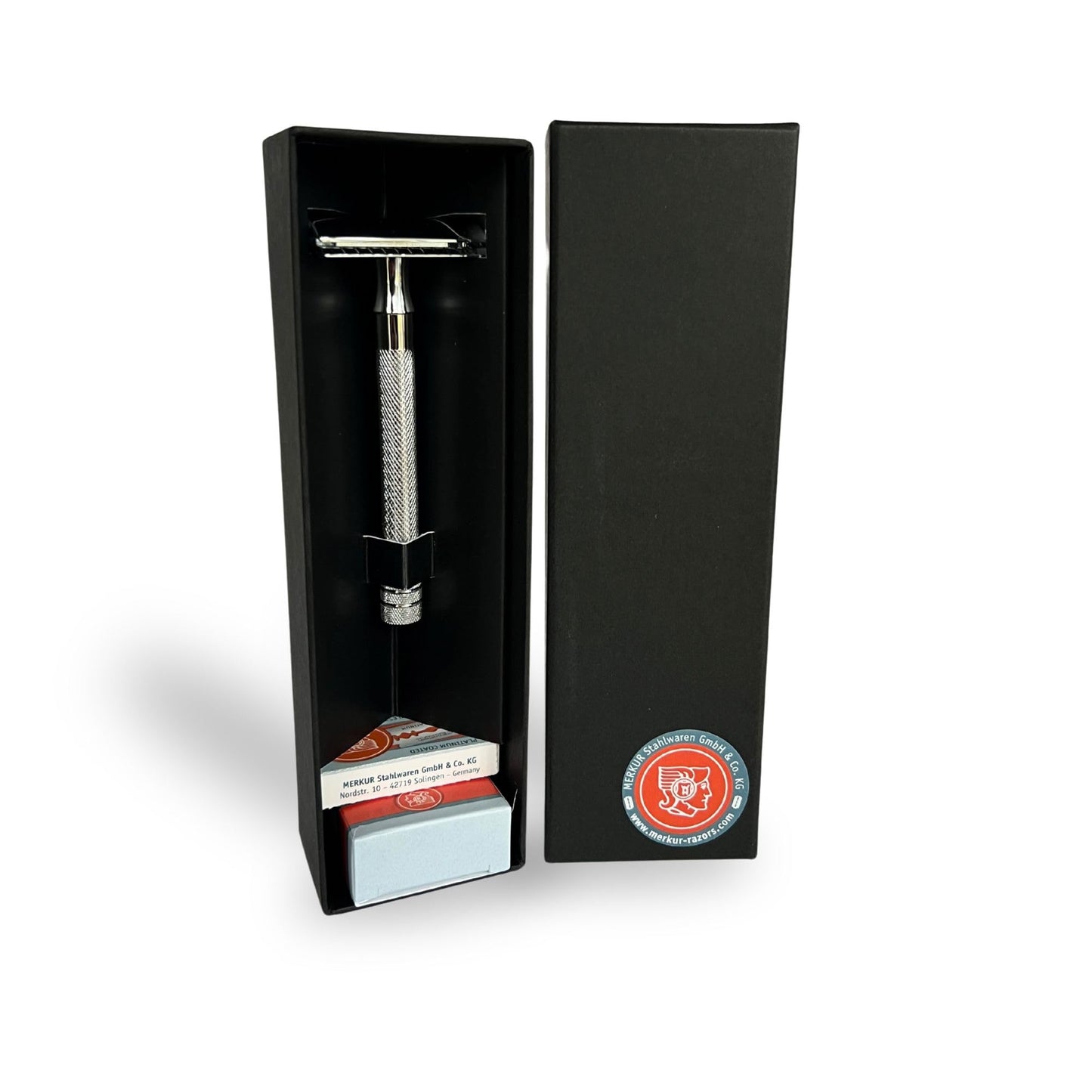 MERKUR 2381 Shaving Set with Stand Glossy Chrome | Three-Piece Razor with Straight Cut | Ideal for Wet Shaving | Die-Cast Zinc | Brass Handle | Made in Germany