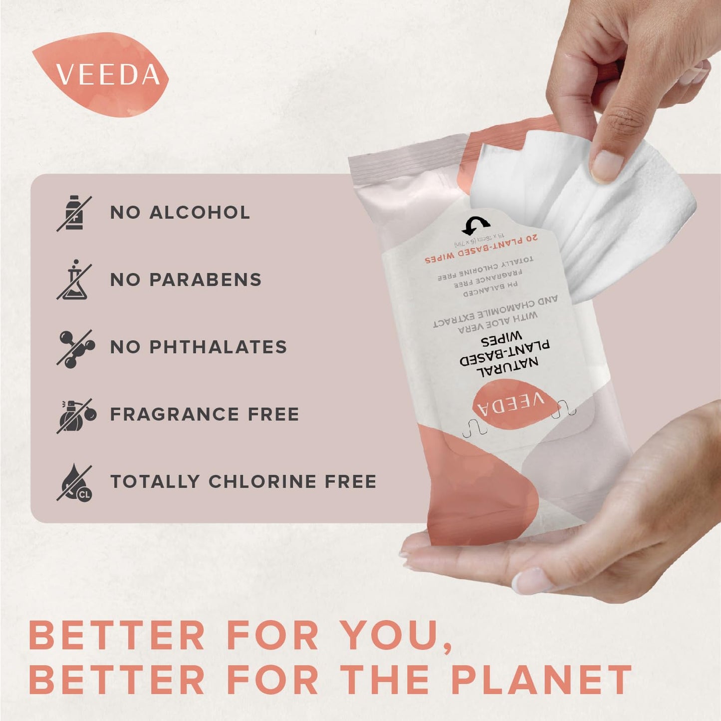Veeda Plant-Based Feminine Wipes – pH-Balanced, Hypoallergenic & Biodegradable Wipes for Sensitive Skin, Fragrance-Free Travel Sized Wipes – 120 Count