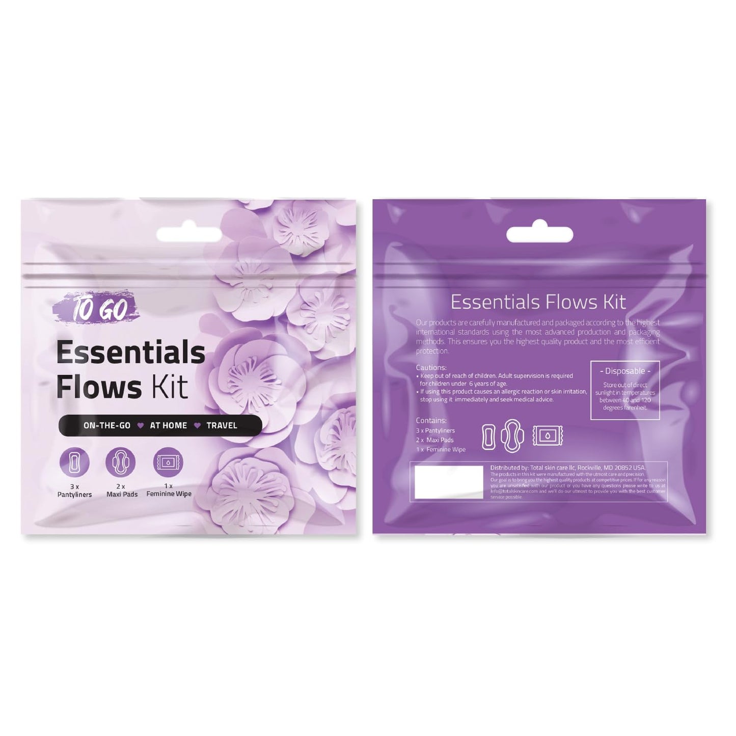 Essential Flows Kit with 3 Pantiliners, 2 Maxi Pads & 1 Feminine Wipe – Light Daily Period Care for Women & Girls – Travel Hygiene Pack (Purple) (1)