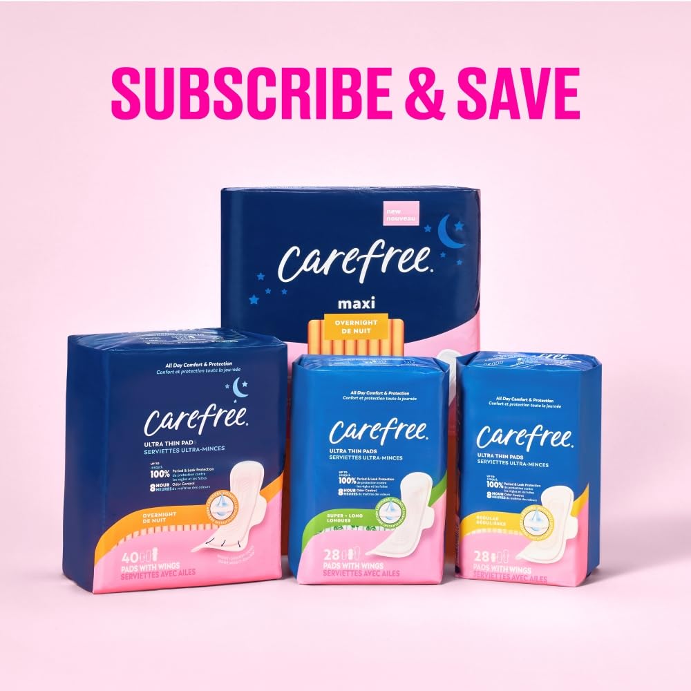 Carefree Ultra Thin Pads for Women, Super/Long Pads with Wings, 84ct (3 Packs of 28ct) | Carefree Feminine Care, Period Care & Postpartum | 84ct (3 Packs of 28ct)