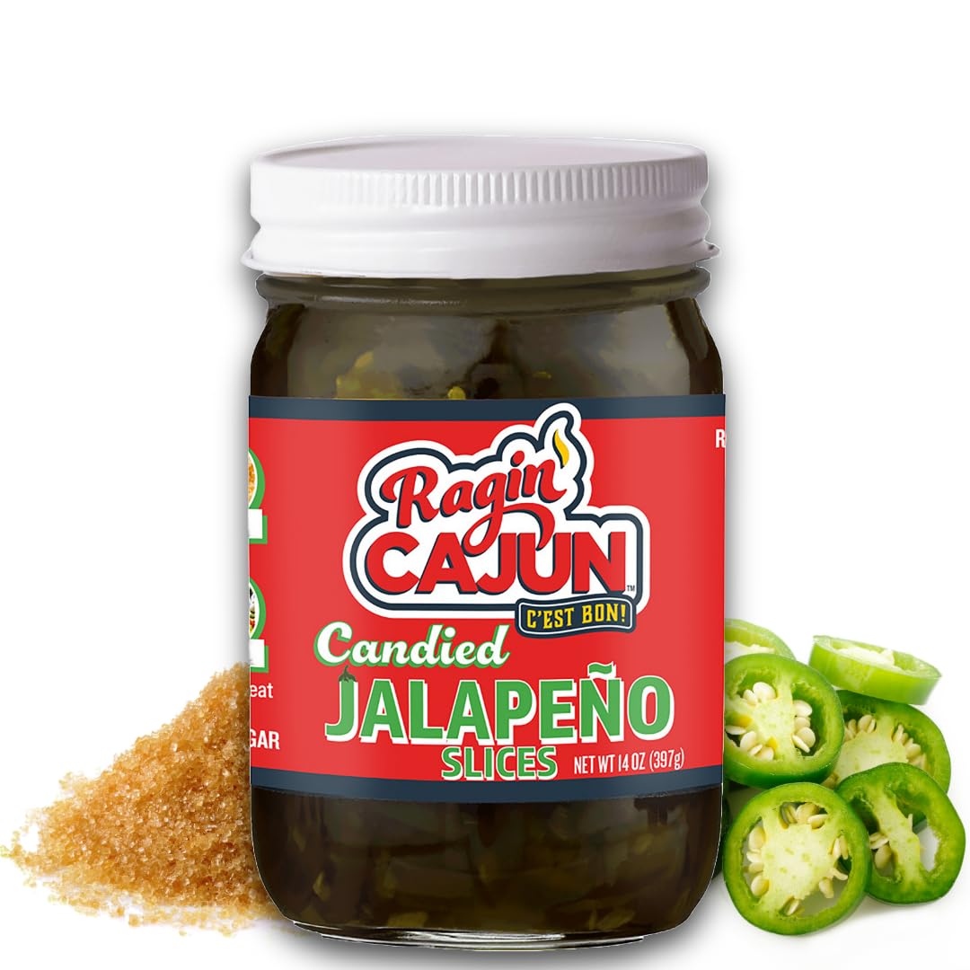 Ragin' Cajun Candied Jalapeño Slices - 14 fl oz Jar, Pack of 4, All Natural - Sweet Spicy Louisiana Condiment for Nachos & Burgers