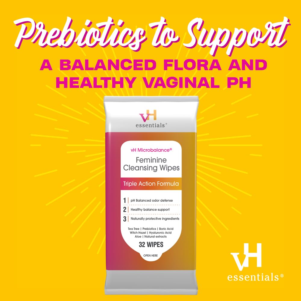 vH essentials Probiotics with Prebiotics and Cranberry Feminine Health Supplement Capsules (544-36) & pH Balanced Feminine Cleansing Wipes with Prebiotics, Tea Tree & Aloe