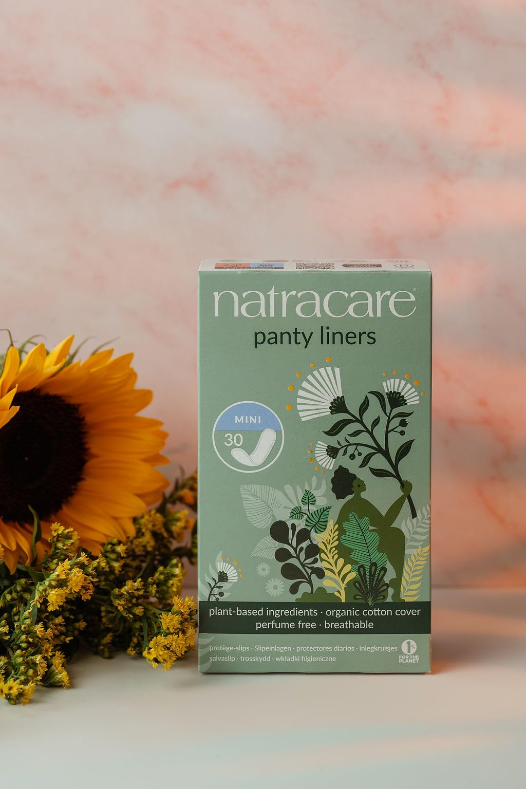 Natracare Natural Organic Mini Panty Liners, Made with Certified Organic Cotton, Ecologically Certified Cellulose Pulp and Plant Starch (1 Pack, 30 Liners Total)
