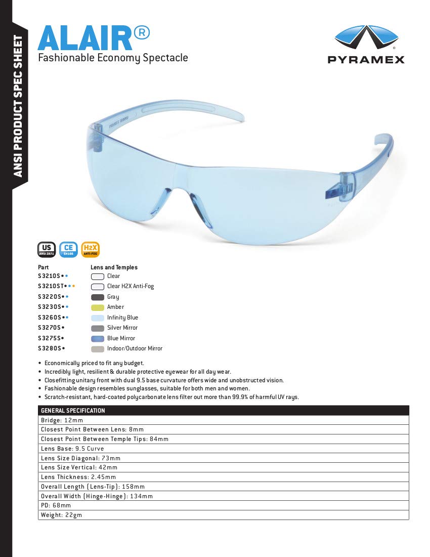 Pyramex Alair Safety Eyewear Indoor/Outdoor Mirror Lens Indoor/Outdoor Mirror Frame ANSI Z87+