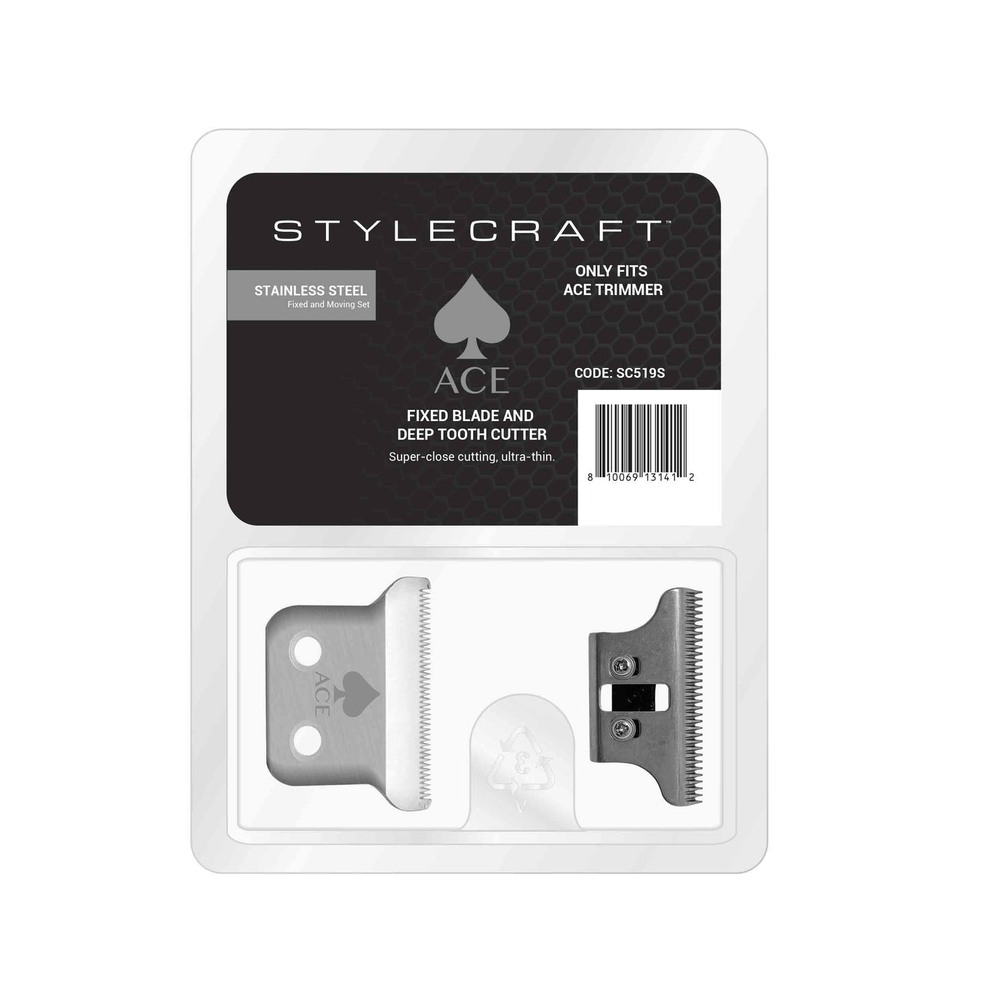 StyleCraft Replacement Fixed Stainless Steel Classic Hair Trimmer Blade with Moving Stainless Steel Deep Cutter, Fits Ace Trimmer Model Only
