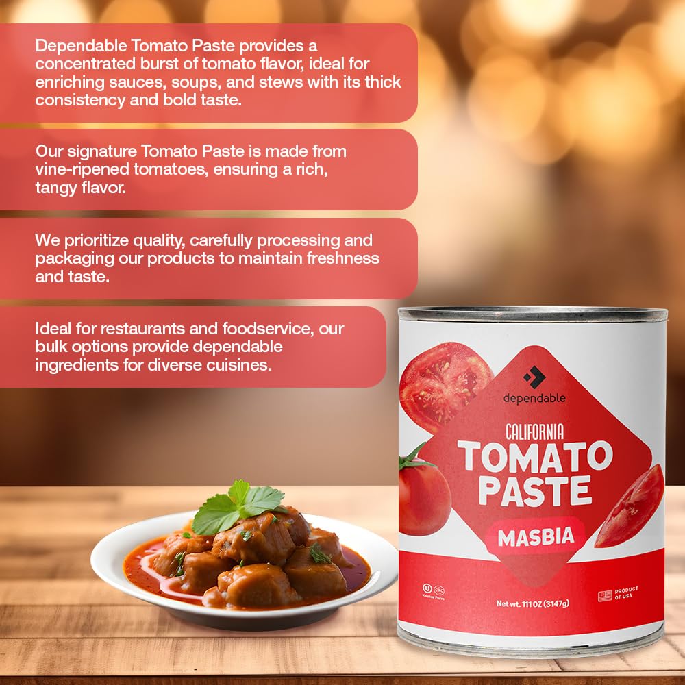 Dependable Foods Tomato Paste – 6.94 Lbs., 111 oz.- Extra Heavy Pizza Sauce with Basil - Authentic California Vine to Bottle Blend - Kosher