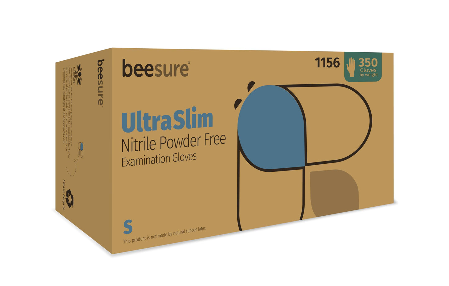 BeeSure UltraSlim Blue Nitrile Powder-Free Exam Gloves, Pack of 350, Small, 2.0 Mil