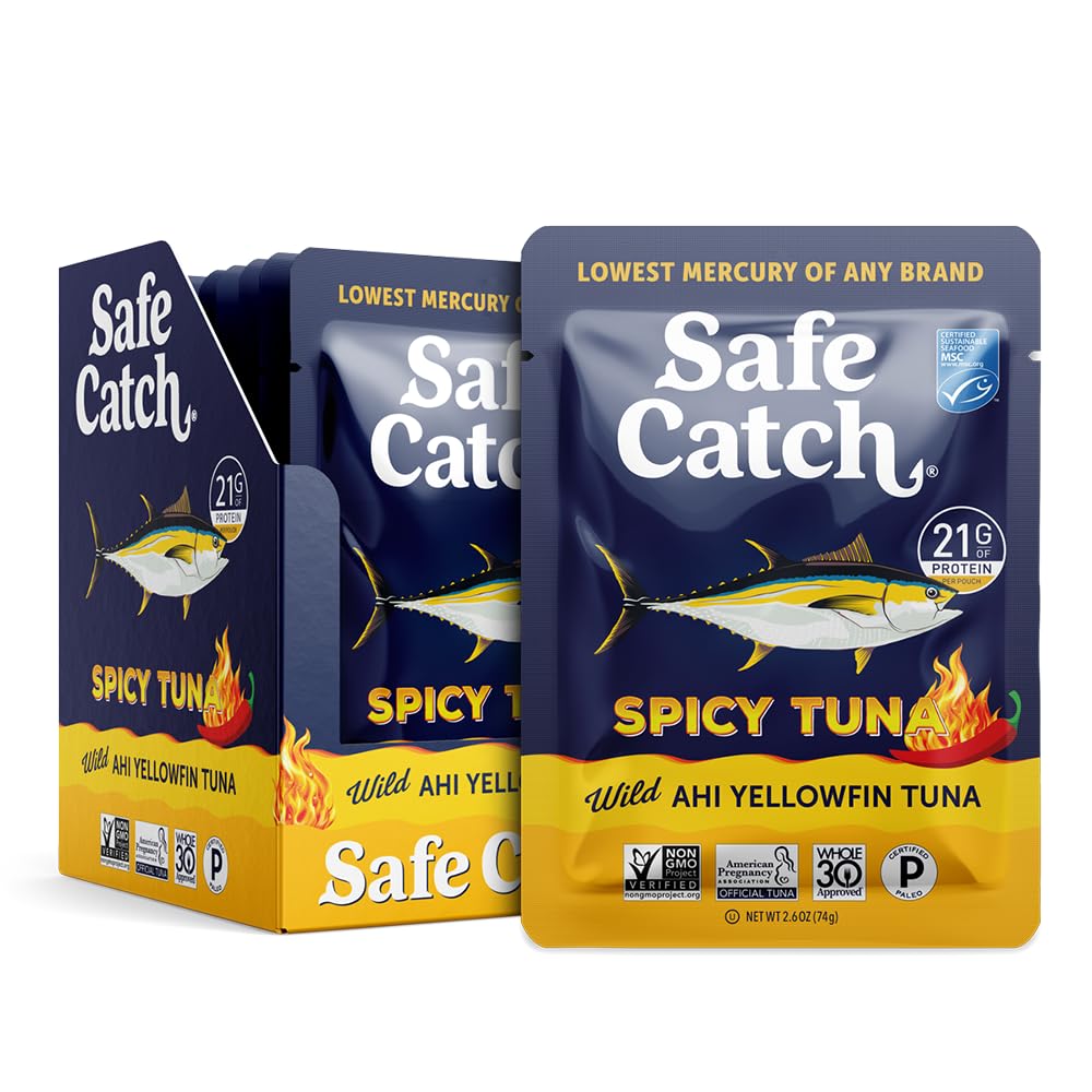 Safe Catch Spicy Wild Ahi Yellowfin Tuna Fish Pouch, Lowest Mercury, Lean Protein, Omega 3s, Non GMO, Paleo, Pack of 12 Pouches