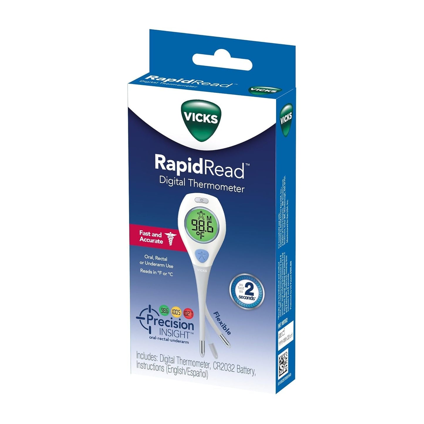 Vicks RapidRead Digital Thermometer, Temperature Readings in 2 Seconds, Use as Oral Thermometer, Baby Rectal Thermometer or Under the Arm, Water Resistant