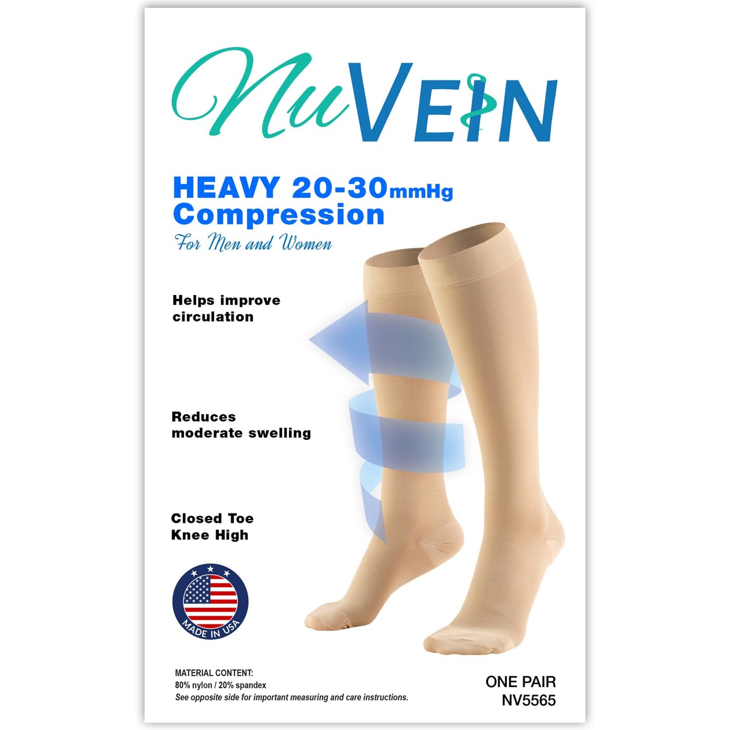 NuVein Medical Compression Stockings, 20-30 mmHg Support for Women & Men, Knee Length, Closed Toe, Short Length