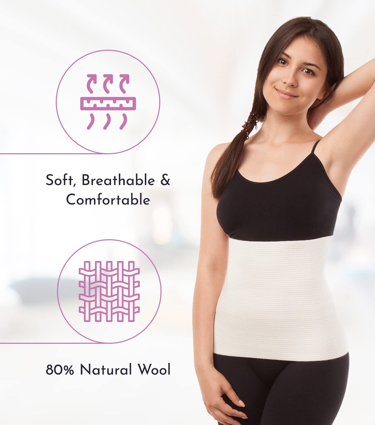 Unisex Wool Warming Support Abdominal Binder, Natural Therapeutic Warmth w/ 80% Wool, Small