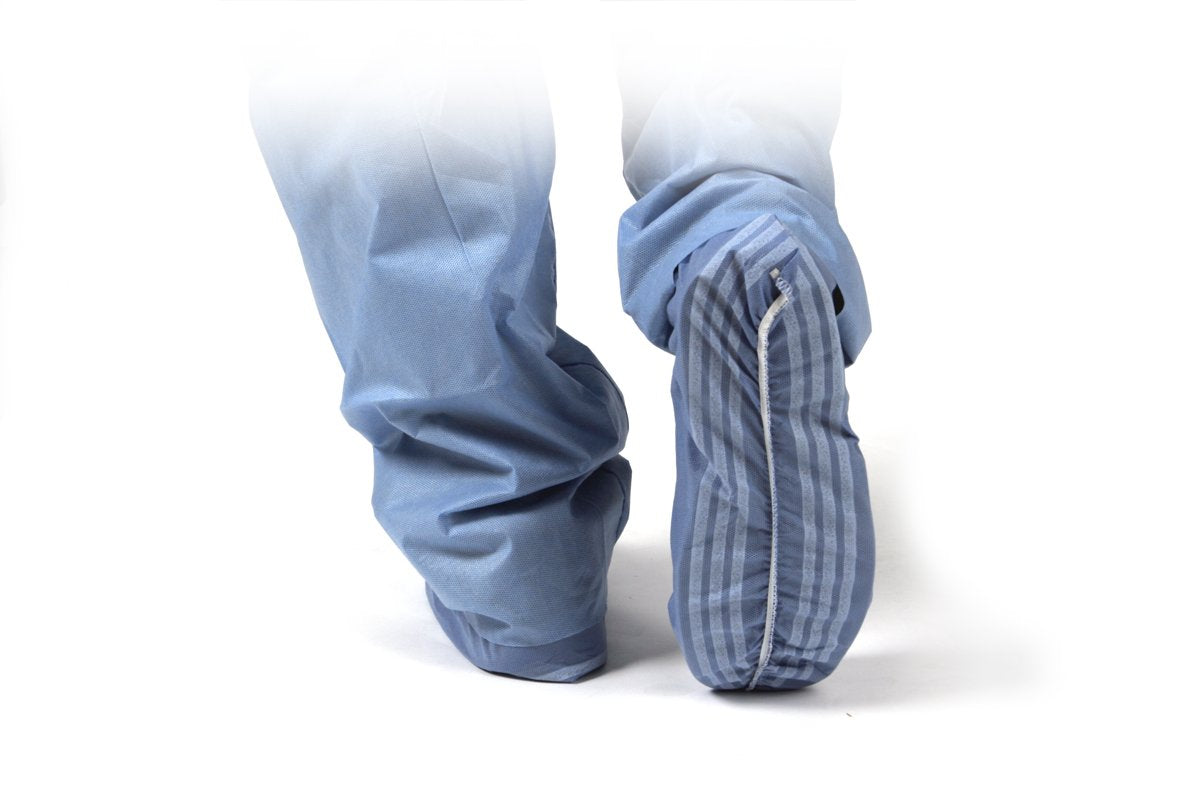 Medline Premium Non-Skid Multilayer Shoe Covers, Fluid-Resistant Material, Extra Large Size, Blue with Striped Traction, Case of 200 Each