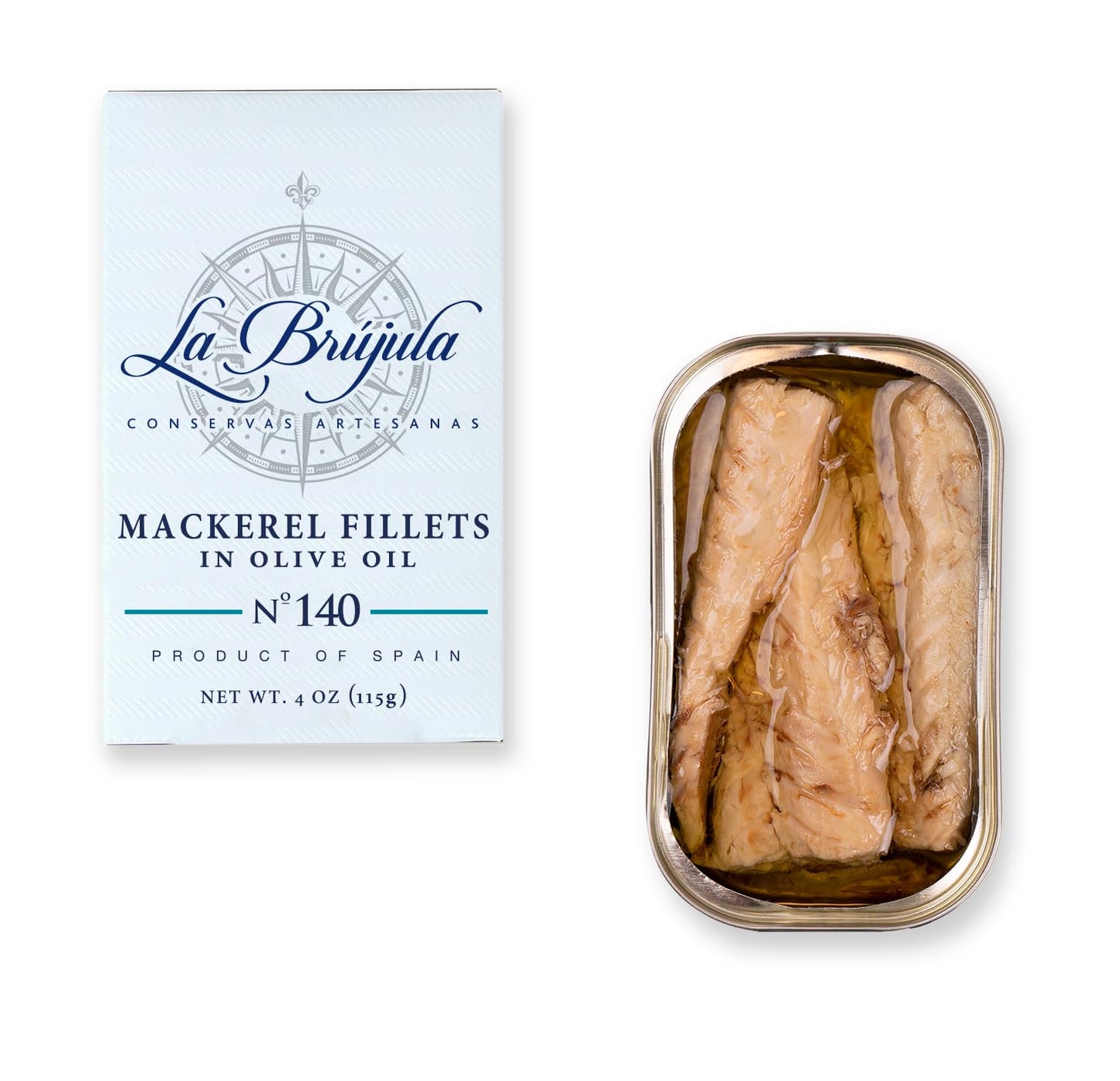 La Brújula Premium Spanish Seafood Sampler – 4 Pack – Includes Sardines, Yellowfin Tuna Belly, Mackerel Fillets, and Mackerel with Lemon | Gourmet Canned Fish | Conservas from Galicia | Product of Spain