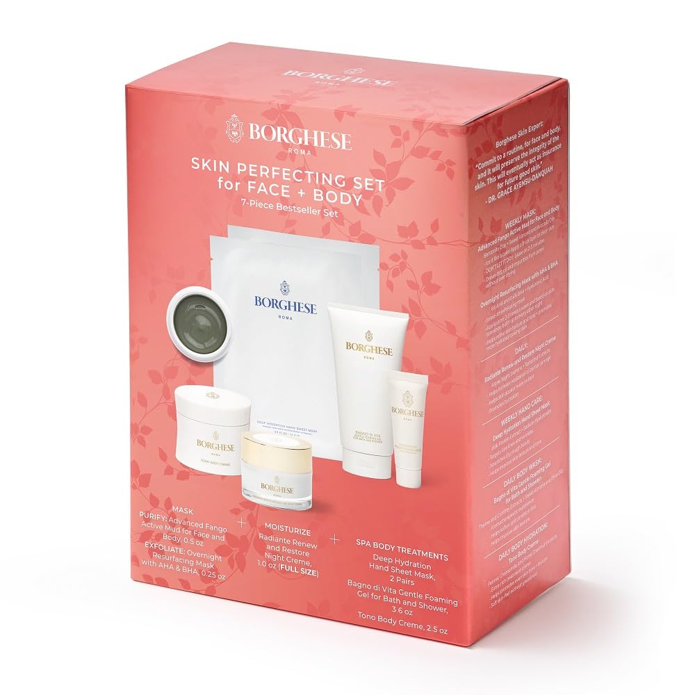 Borghese 7-Piece Skin Perfecting Gift Set - Includes Mud Mask, AHA BHA Overnight Mask, Night Face Cream, Hand Sheet Masks, Shower Gel, & Body Cream