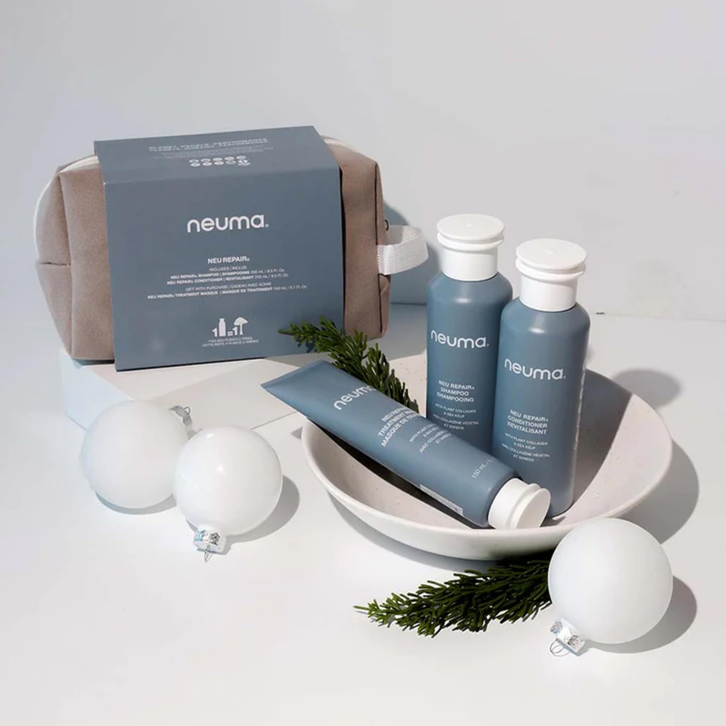NEUMA Neu Repair Holiday Gift Set — Neu Repair Shampoo (8.5 Fl. Oz.), Neu Repair Conditioner (8.5 Fl. Oz.), and Repair Treatment Masque (5.1 Fl. Oz.) — Hair Repair Treatment for Damaged Hair