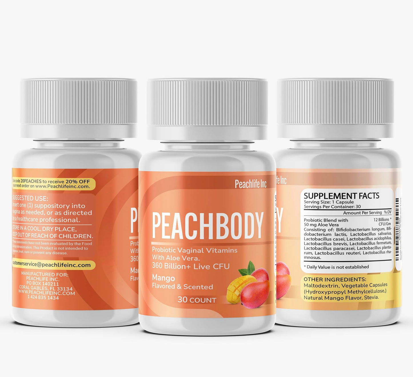 Peachlife Mango Scented & Flavored Probiotic Vaginal Suppositories | 30 Vegetable Capsules with Aloe Vera, Stevia, 11 Strains and 360 Billion+ Live CFU | Made with Natural Extracts Peachbody
