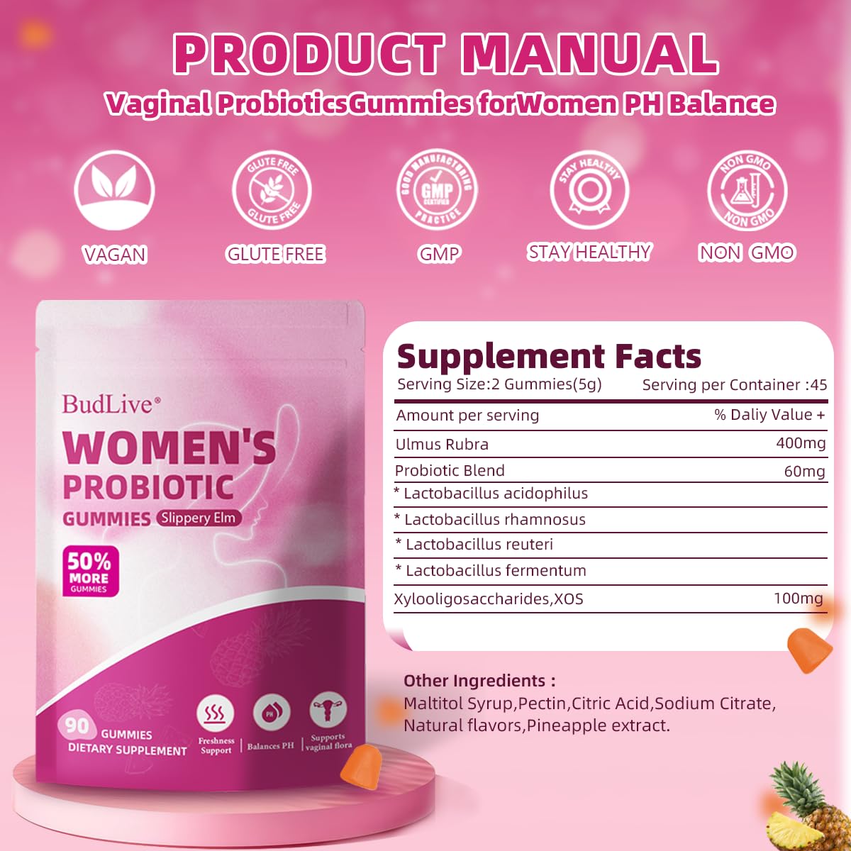 Vaginal Probiotics Gummies for Women, pH Balance for Women, Feminine Probiotics Gummy for Vaginal Health, Odor Control, Gut Health, Immune Support, Pineapple Probiotic Gummies for Woman, 90 Count