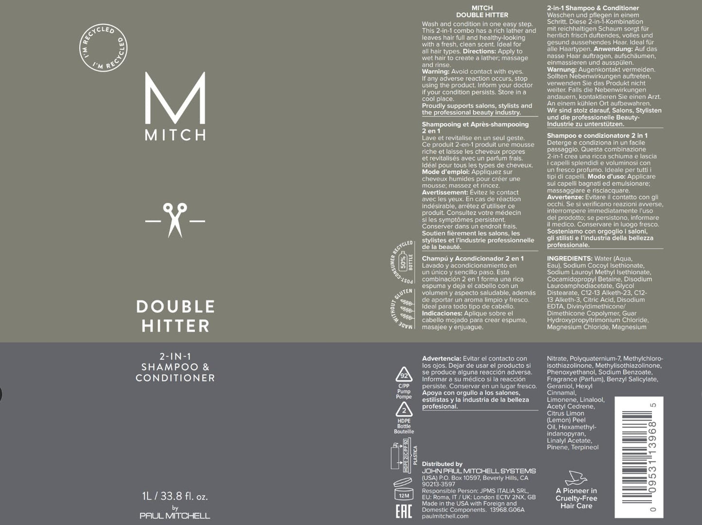 MITCH by Paul Mitchell Double Hitter 2-in-1 Shampoo & Conditioner for Men, For All Hair Types