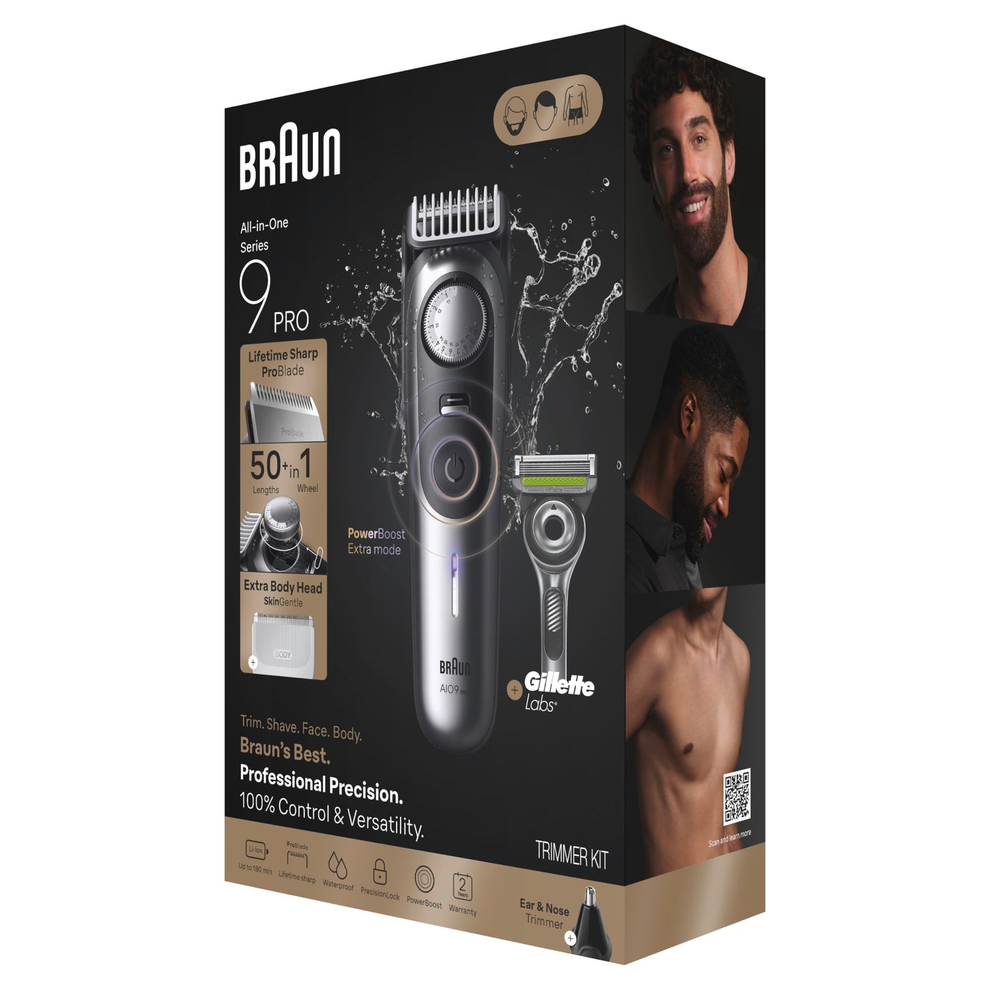 Braun Series 9 PRO All-in-One Beard & Body Grooming Kit for Men, Cordless Trimmer, Hair Clippers & Shaver for Face, Hair & Body with Gillette Labs Razor, AIO 9550