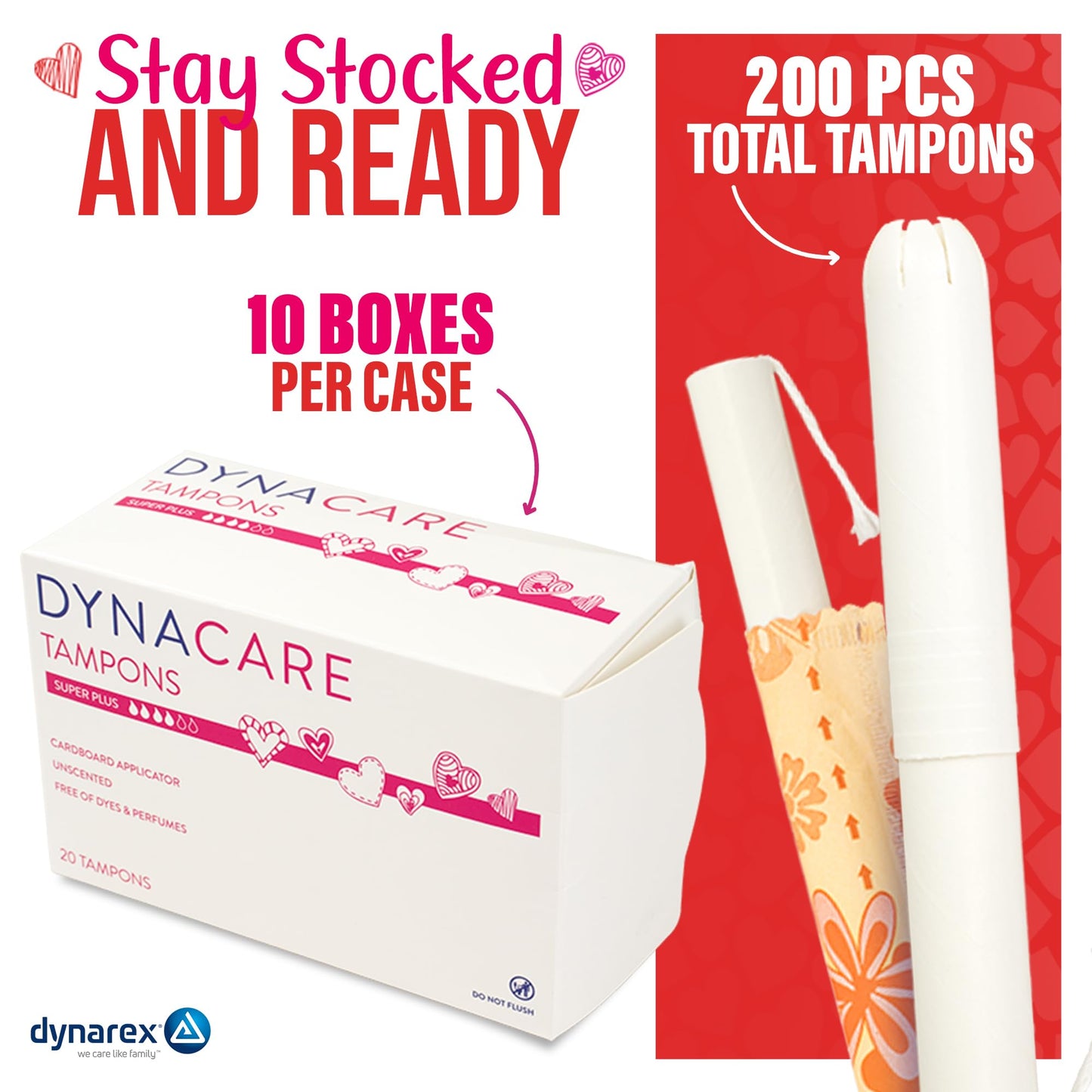 Dynarex Super Plus Tampons – Bulk Feminine Hygiene Product with Cardboard Applicator – 8 Hour Protection – 10 Boxes of 200 Total Tampons