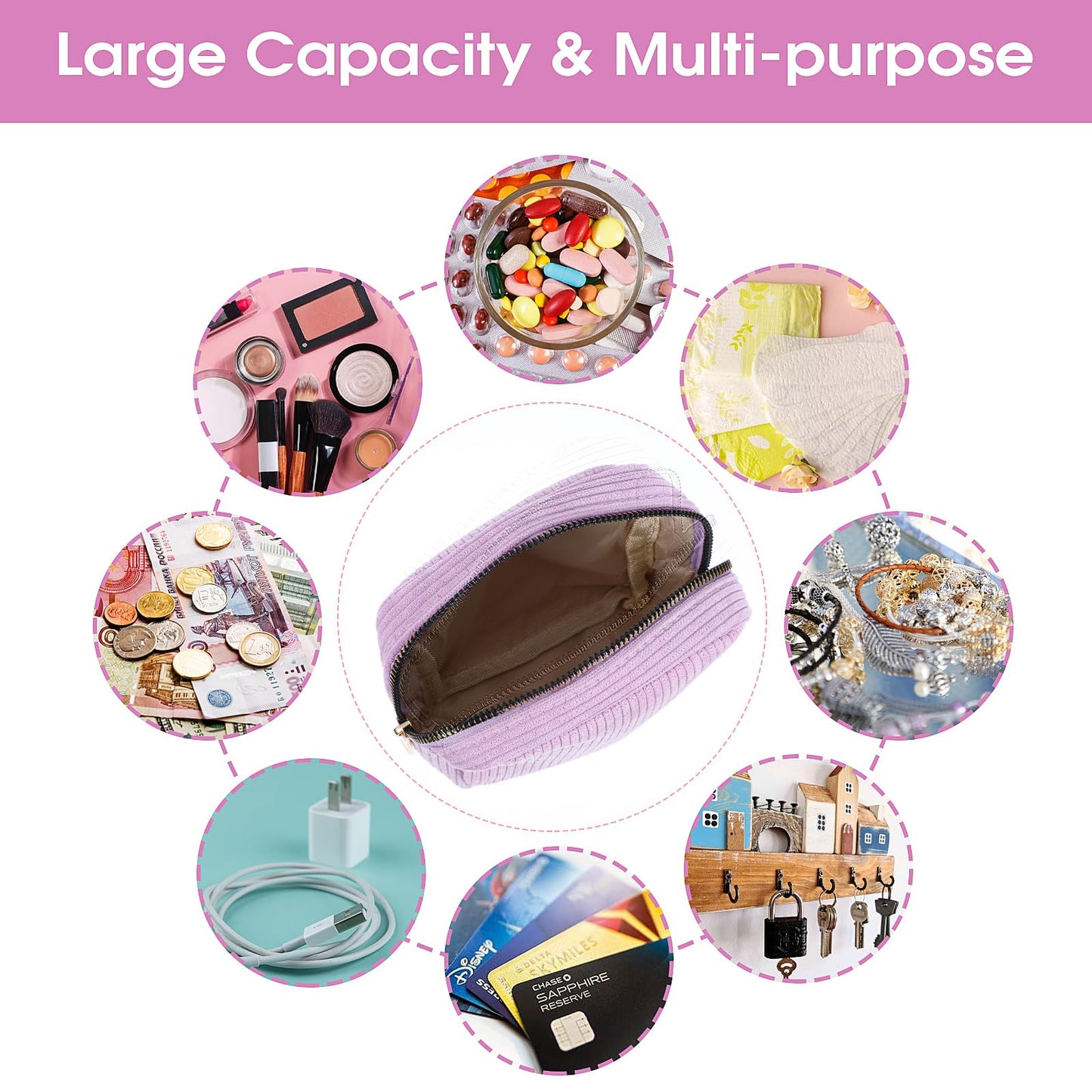 Feminine Menstrual Care Bags for Teen Girls, Mini Corduroy Period Bag for Storing Sanitary Napkins Portable Makeup Pouch with Zipper Cosmetic Bag Tampon Pad Holder for Women Travel Purse (Purple)