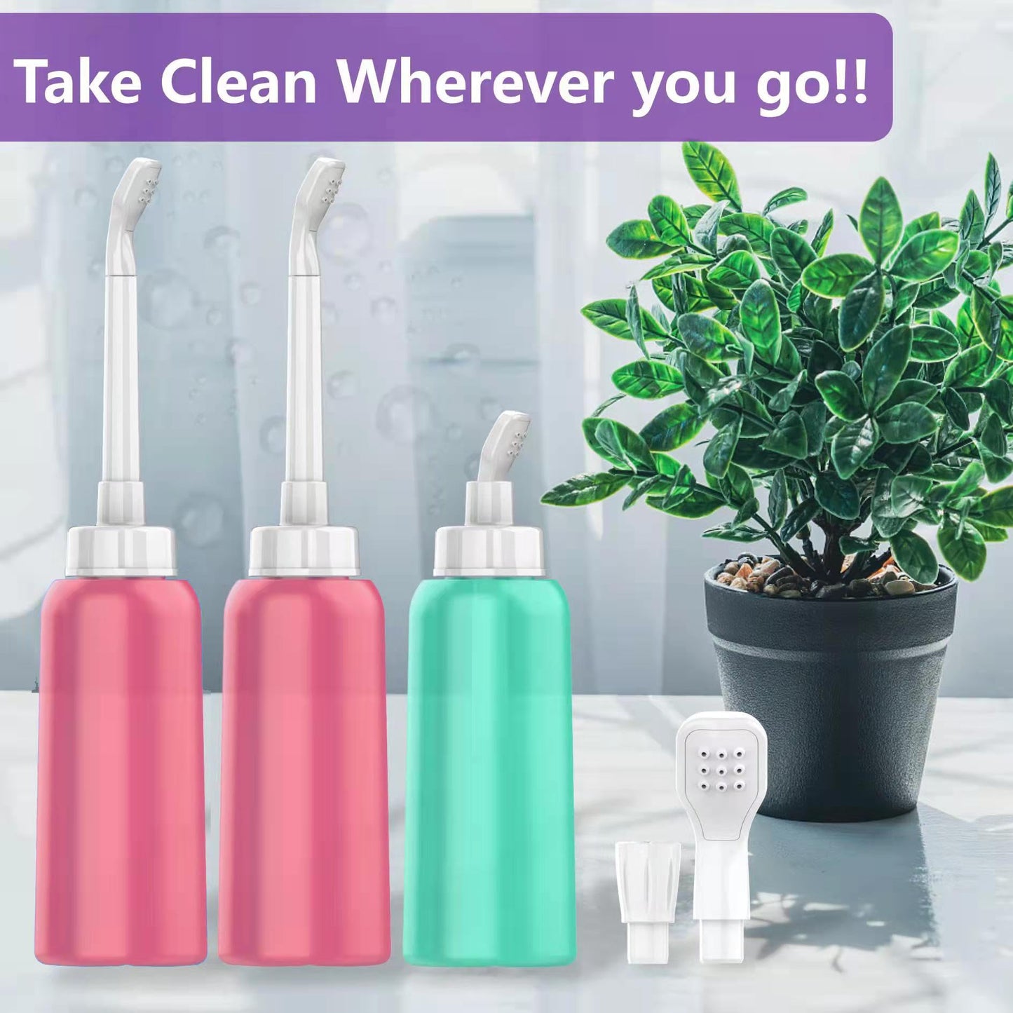 Wolfbeam The Original XL Butt Shower Portable Bidet 17oz with 2 Nozzle Scalable Tube 500ml Travel Bidet Douche Bottles for Women - Peri Bottle Postpartum for Feminine Care (Pink, 500)