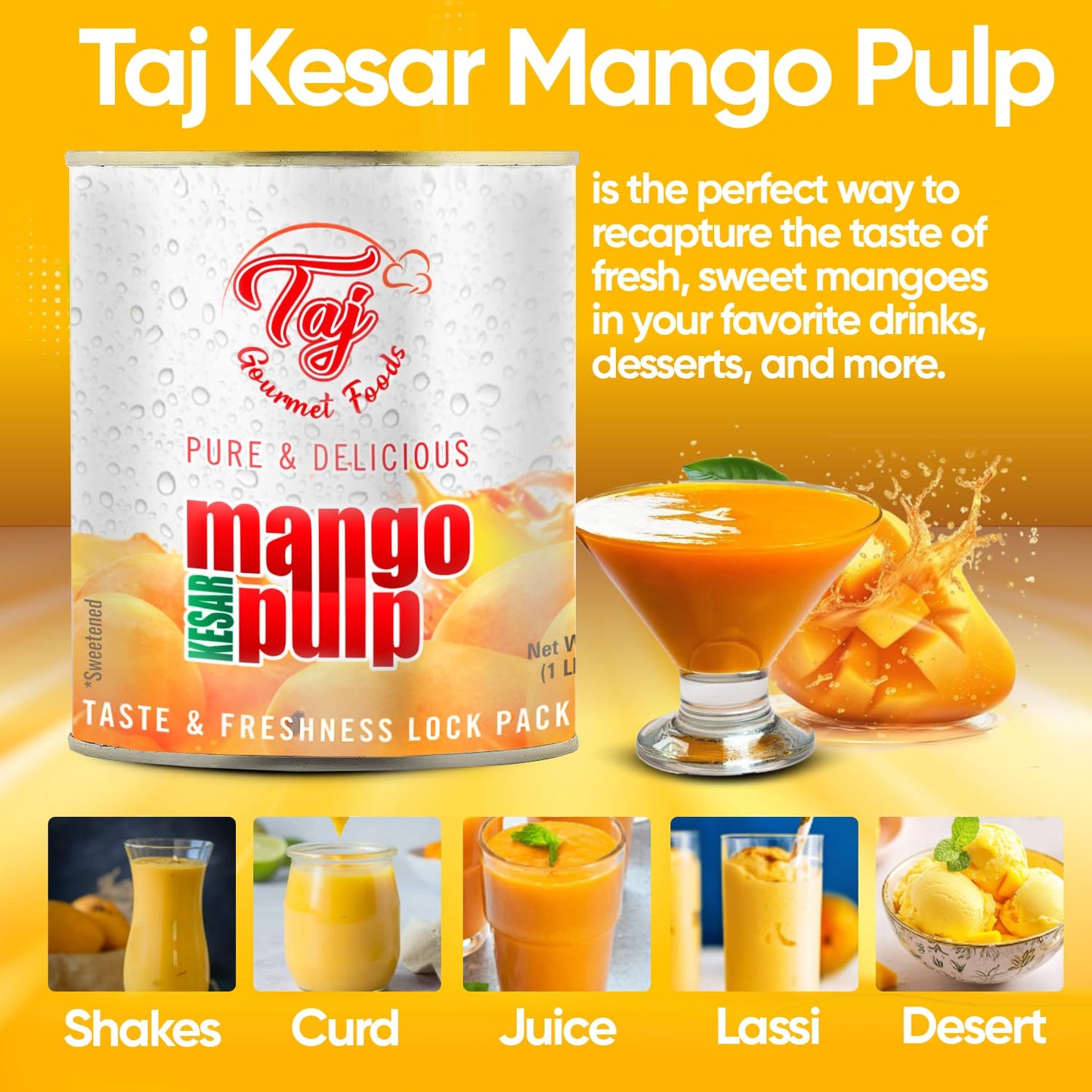 TAJ Kesar Mango Pulp Puree 6-Pack | Great for Lassi Shake | 30-Ounce (850g)