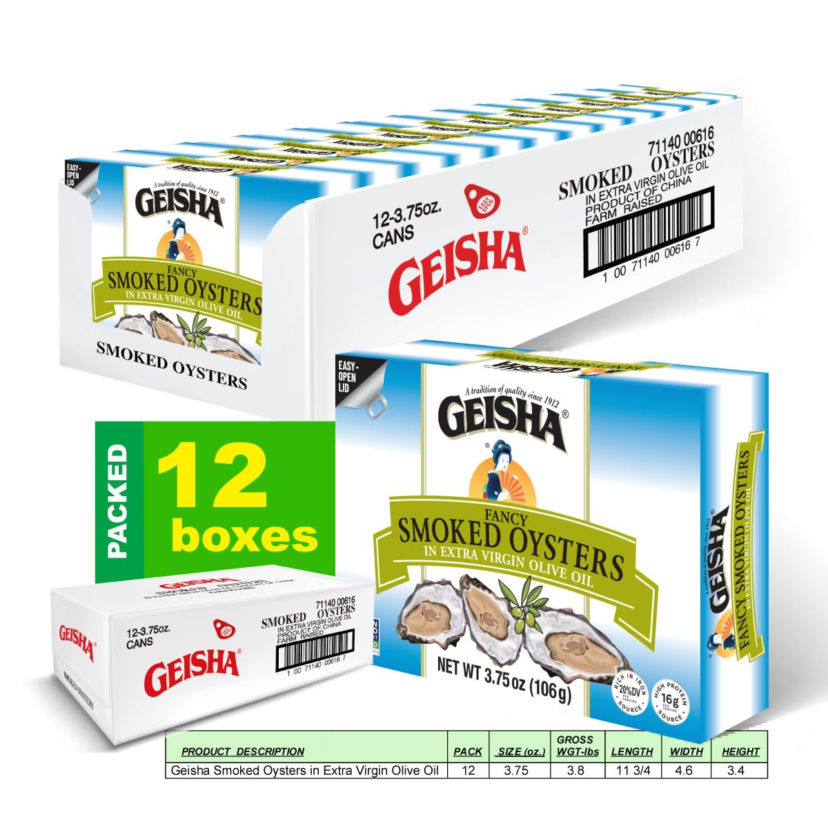 GEISHA Smoked Oysters in Extra Virgin Olive Oil 3.75oz(Pack of 12), Smoked Oysters | Zero Trans Fat - No Sugar Added – Farm Raised – Rich in Iron(20% DV per serving) – Gluten Free – Good Source of Protein(32% DV per serving) – NON-GMO Project Verified